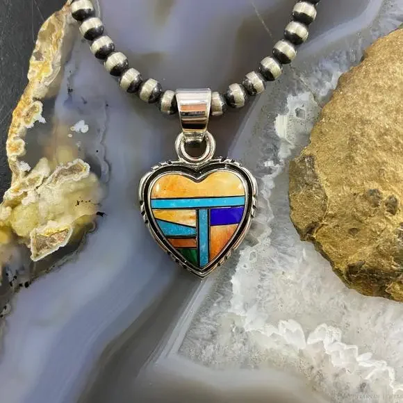 Native American Sterling Silver Heart Shape Multi Stone Inlay Pendant For Women - Picture 2 of 10